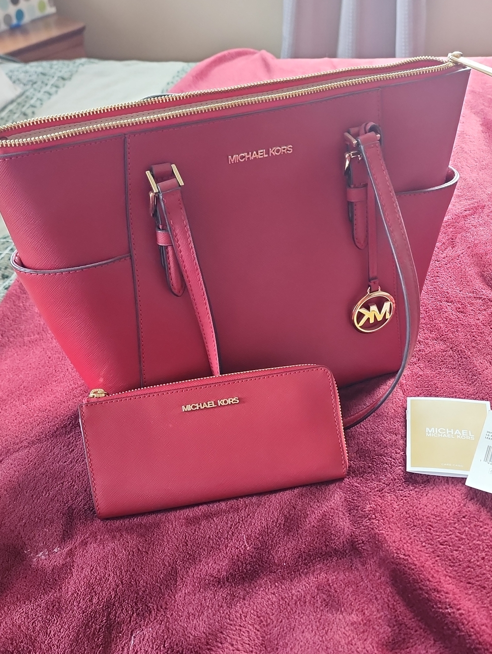 Michael Kors Red Saffiano Tote with Matching Wallet